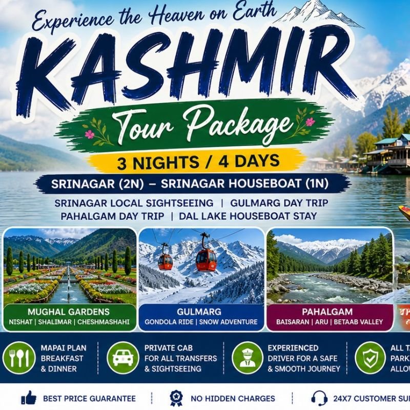 Kashmir Tour Package 3 Nights 4 Days | Srinagar Gulmarg Pahalgam Houseboat